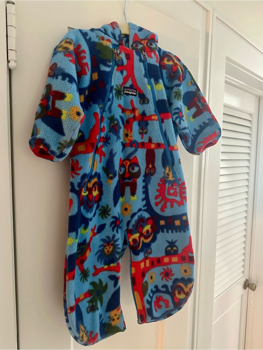 Patagonia Light Blue Fleece One-Piece with Multicolor Animal Print